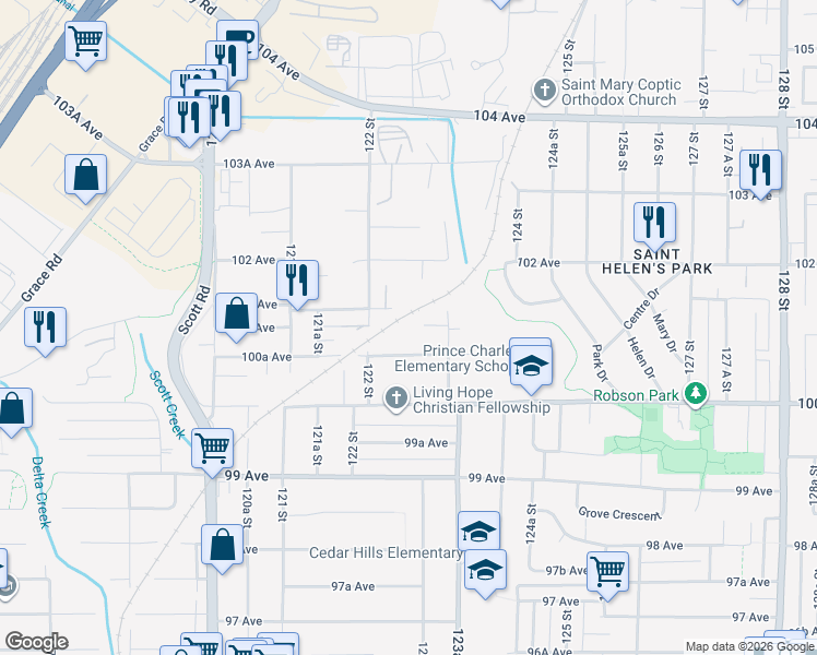 map of restaurants, bars, coffee shops, grocery stores, and more near 12259 101 Avenue in Surrey