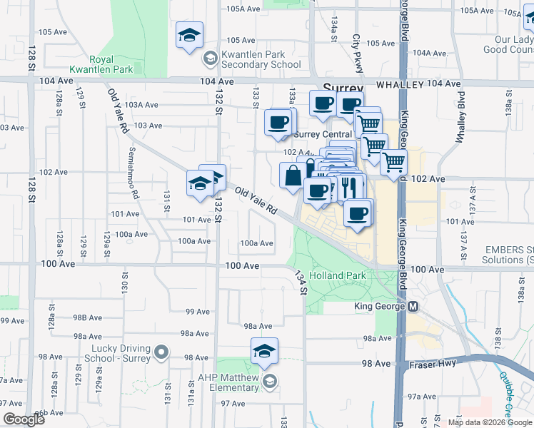 map of restaurants, bars, coffee shops, grocery stores, and more near in Surrey