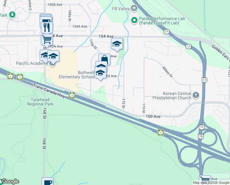 map of restaurants, bars, coffee shops, grocery stores, and more near 10118 171A Street in Surrey