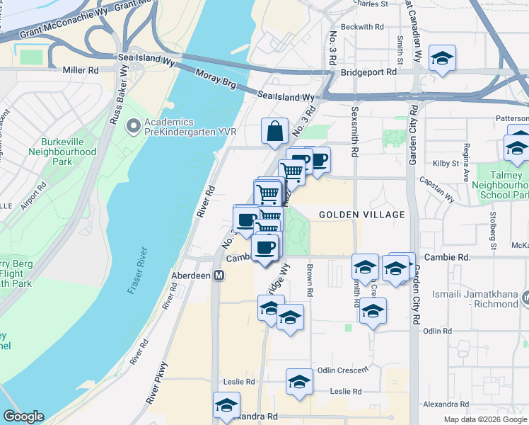 map of restaurants, bars, coffee shops, grocery stores, and more near 3700 Number 3 Road in Richmond