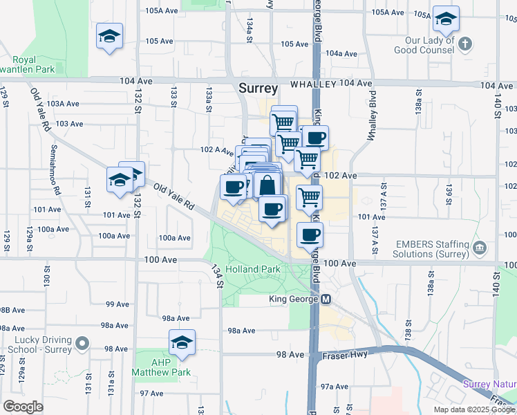 map of restaurants, bars, coffee shops, grocery stores, and more near 10153 King George Boulevard in Surrey