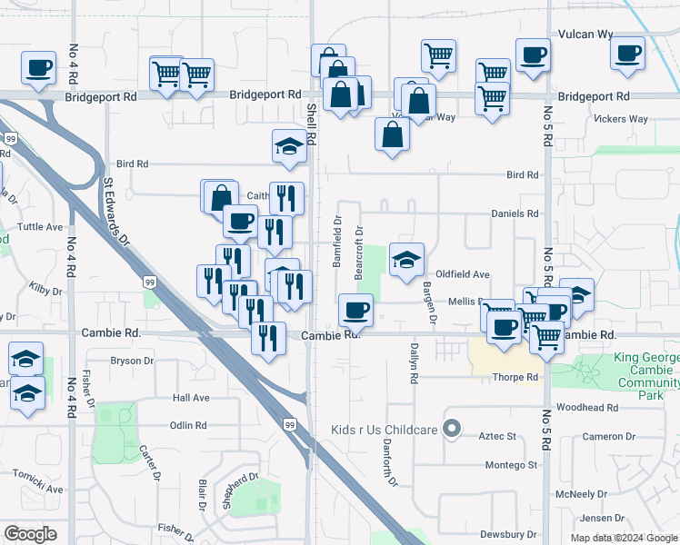 map of restaurants, bars, coffee shops, grocery stores, and more near 3688 Bamfield Drive in Richmond