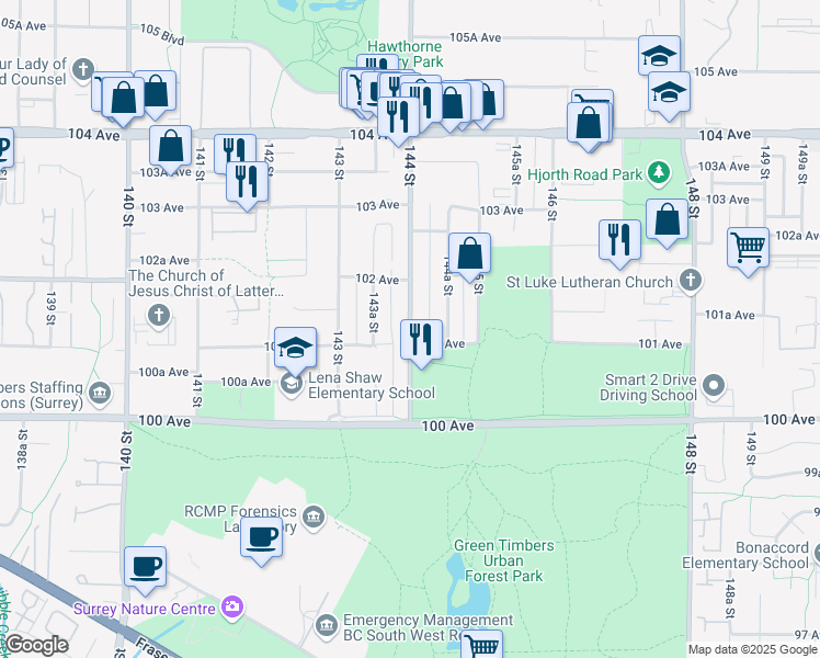 map of restaurants, bars, coffee shops, grocery stores, and more near in Surrey