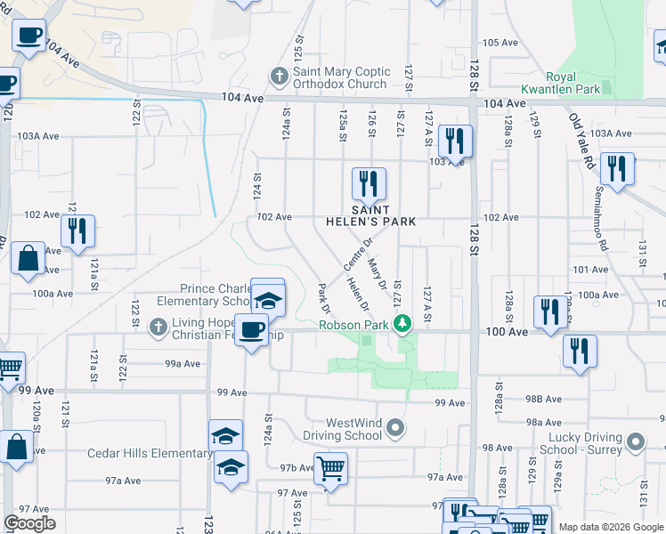 map of restaurants, bars, coffee shops, grocery stores, and more near 10125 Helen Drive in Surrey