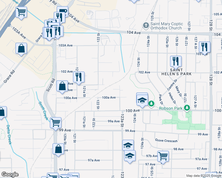 map of restaurants, bars, coffee shops, grocery stores, and more near 12257 101 Avenue in Surrey