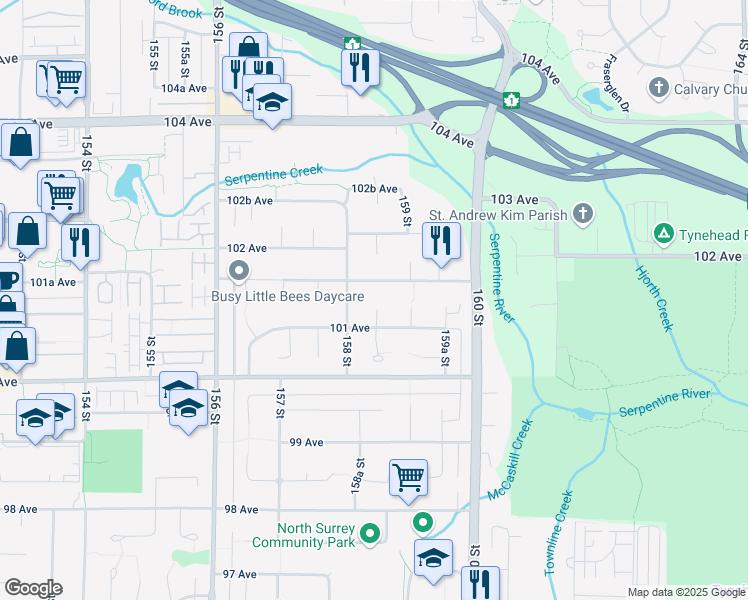map of restaurants, bars, coffee shops, grocery stores, and more near 10123 158A Street in Surrey