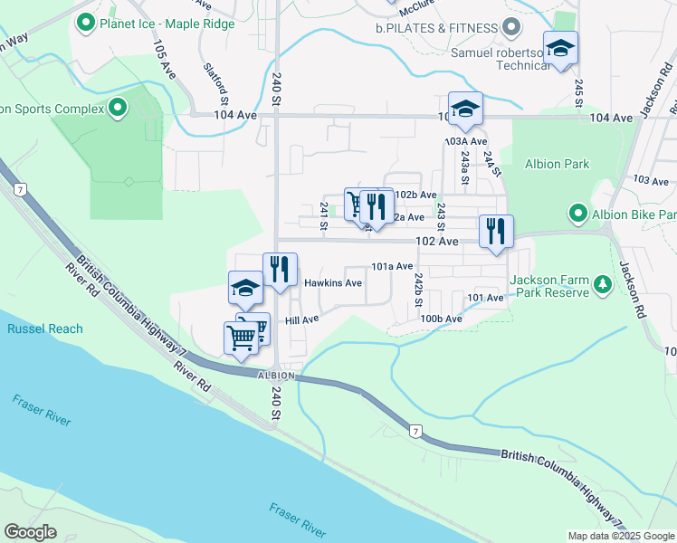 map of restaurants, bars, coffee shops, grocery stores, and more near 10151 Apnaut Street in Maple Ridge