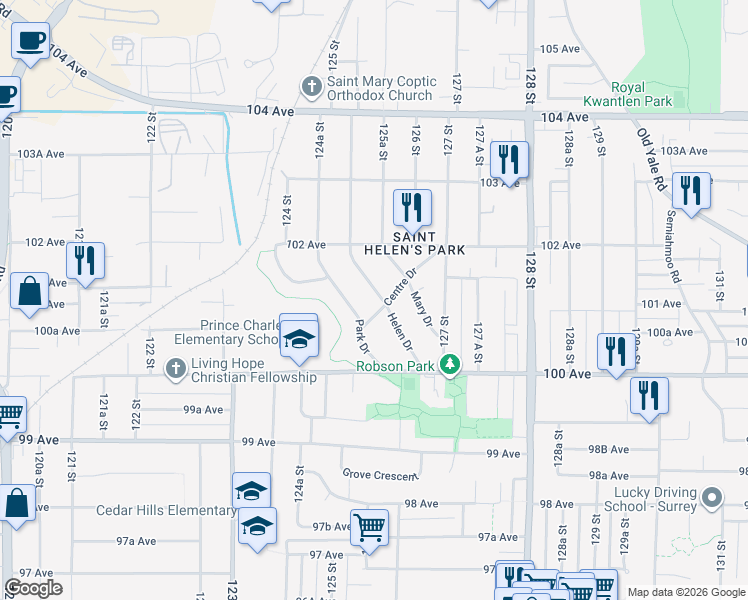 map of restaurants, bars, coffee shops, grocery stores, and more near 10125 Helen Drive in Surrey