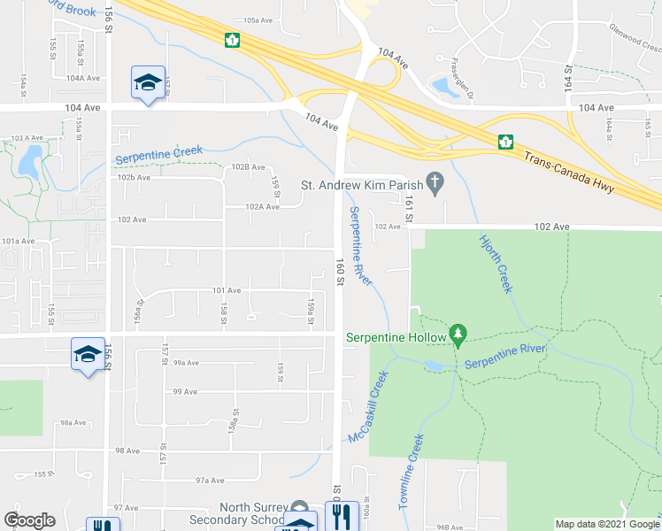 map of restaurants, bars, coffee shops, grocery stores, and more near 10125 160 Street in Surrey