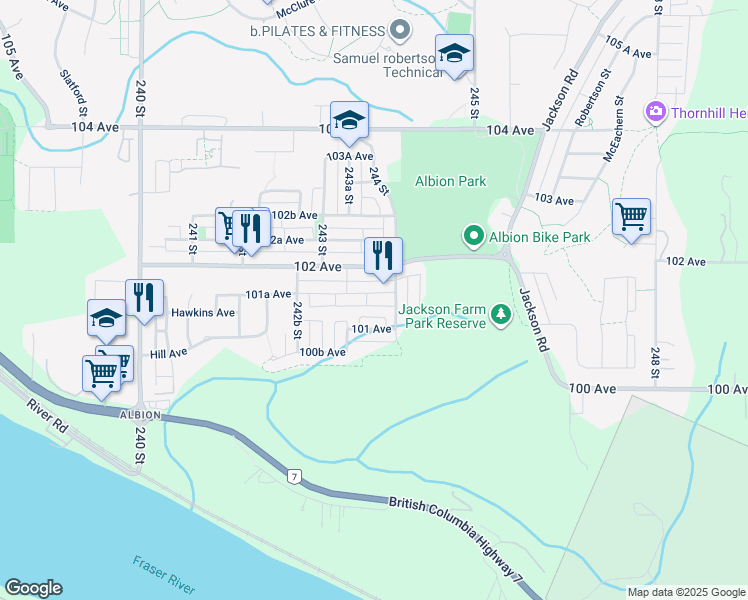 map of restaurants, bars, coffee shops, grocery stores, and more near 24372 101A Avenue in Maple Ridge