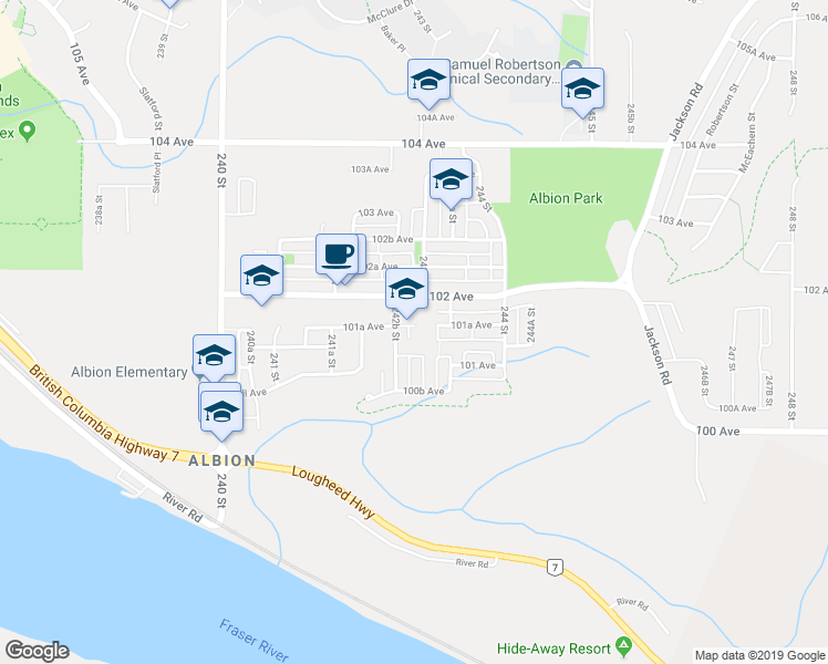 map of restaurants, bars, coffee shops, grocery stores, and more near 24284 101A Avenue in Maple Ridge