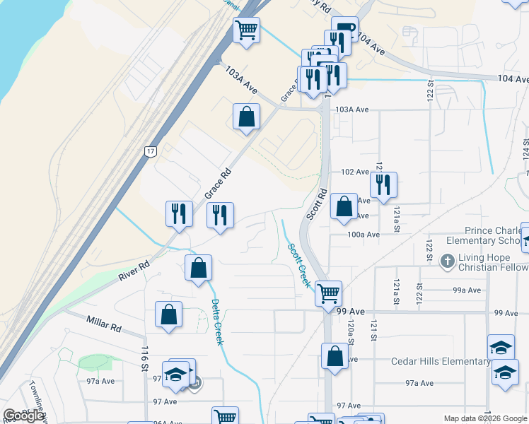 map of restaurants, bars, coffee shops, grocery stores, and more near 11870 River Road in Surrey