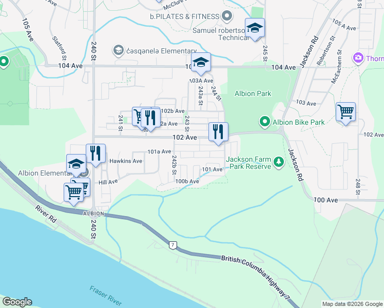map of restaurants, bars, coffee shops, grocery stores, and more near 24308 101A Avenue in Maple Ridge