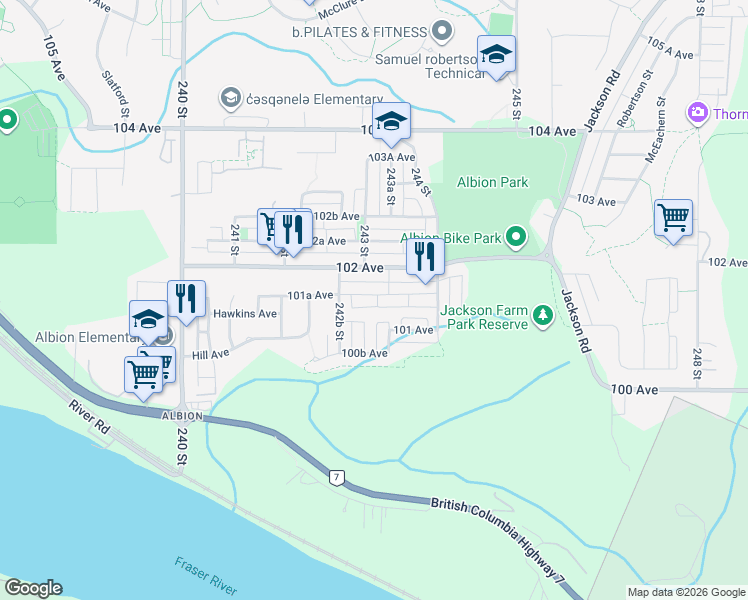 map of restaurants, bars, coffee shops, grocery stores, and more near 320 101A Avenue in Maple Ridge