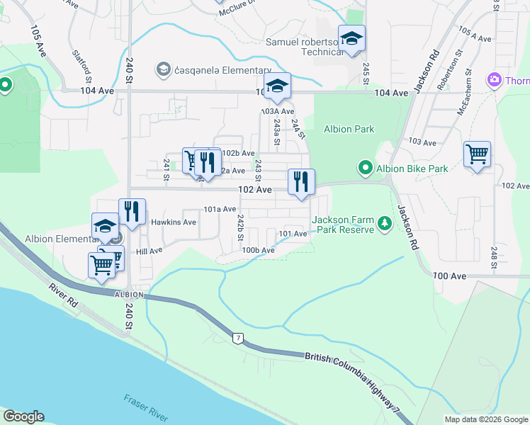 map of restaurants, bars, coffee shops, grocery stores, and more near 24308 101A Avenue in Maple Ridge