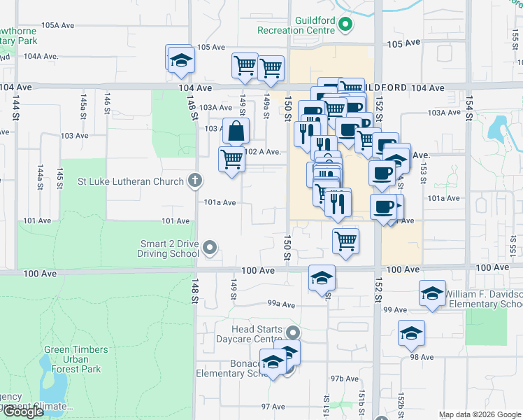 map of restaurants, bars, coffee shops, grocery stores, and more near in Surrey