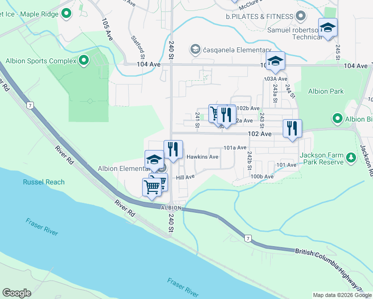 map of restaurants, bars, coffee shops, grocery stores, and more near 10150 240 Street in Maple Ridge