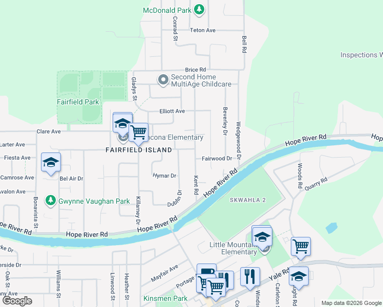 map of restaurants, bars, coffee shops, grocery stores, and more near 10185 Kent Road in Chilliwack