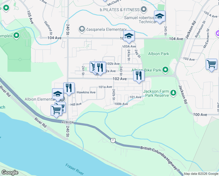 map of restaurants, bars, coffee shops, grocery stores, and more near 24186 101A Avenue in Maple Ridge