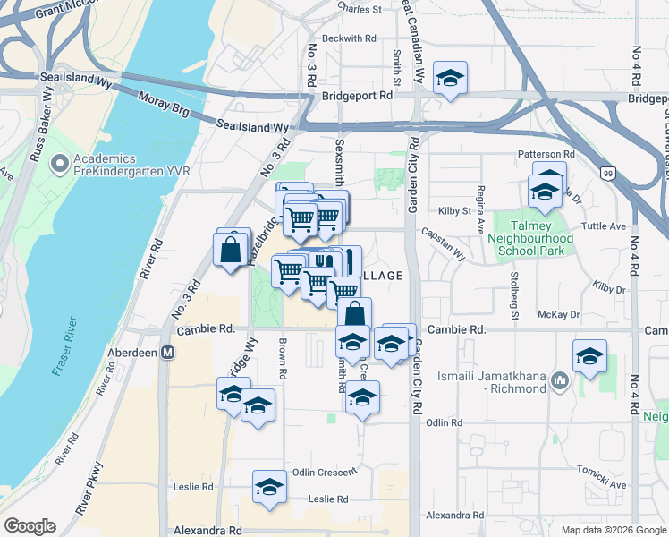 map of restaurants, bars, coffee shops, grocery stores, and more near 3699 Sexsmith Road in Richmond