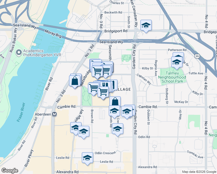 map of restaurants, bars, coffee shops, grocery stores, and more near 3699 Sexsmith Road in Richmond