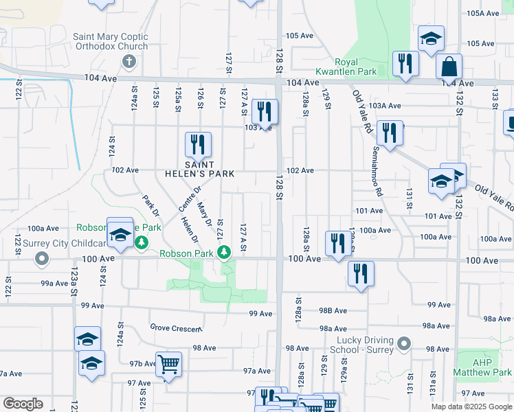 map of restaurants, bars, coffee shops, grocery stores, and more near 10121 127B Street in Surrey
