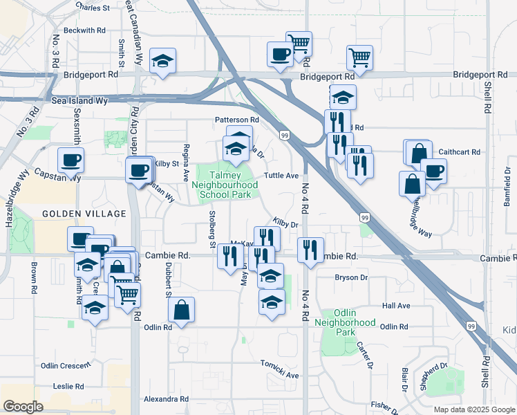map of restaurants, bars, coffee shops, grocery stores, and more near 9706 Kilby Drive in Richmond