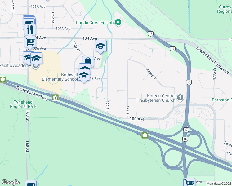map of restaurants, bars, coffee shops, grocery stores, and more near 10133 172A Street in Surrey