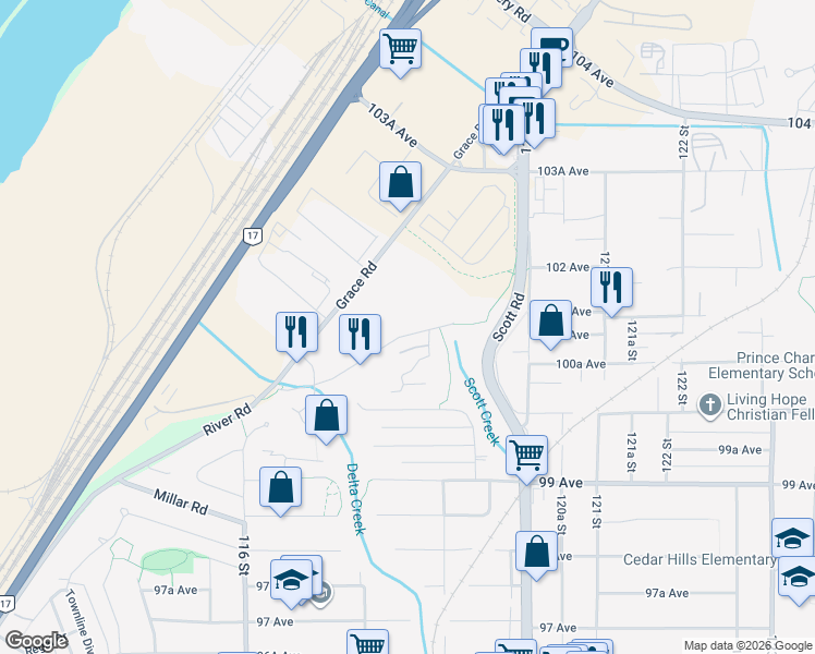 map of restaurants, bars, coffee shops, grocery stores, and more near 11837 River Road in Surrey