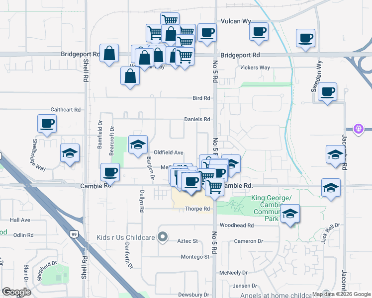 map of restaurants, bars, coffee shops, grocery stores, and more near 11751 Oldfield Avenue in Richmond