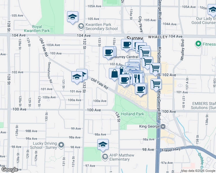 map of restaurants, bars, coffee shops, grocery stores, and more near 13387 Old Yale Road in Surrey