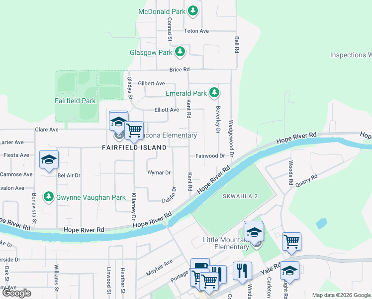 map of restaurants, bars, coffee shops, grocery stores, and more near 10189 Kent Road in Chilliwack