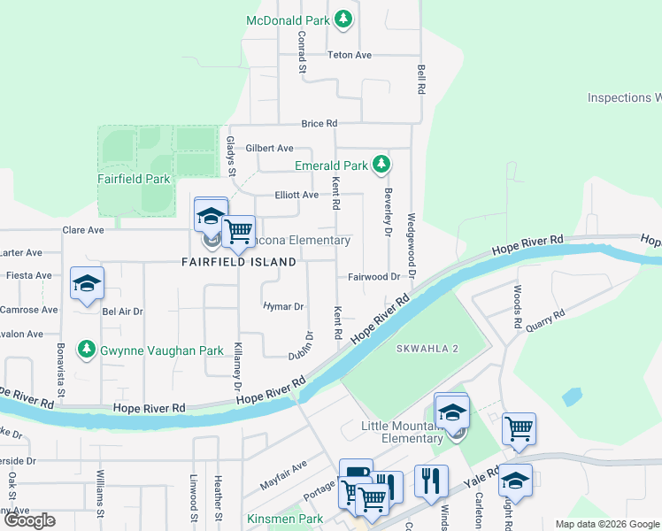map of restaurants, bars, coffee shops, grocery stores, and more near 10185 Kent Road in Chilliwack
