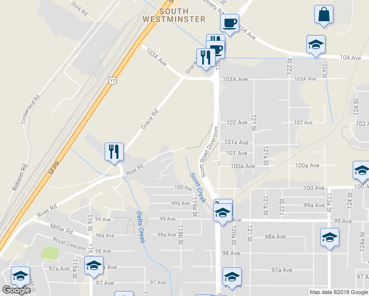 map of restaurants, bars, coffee shops, grocery stores, and more near 11870 River Rd in Surrey