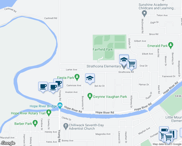 map of restaurants, bars, coffee shops, grocery stores, and more near 10193 Williams Road in Chilliwack