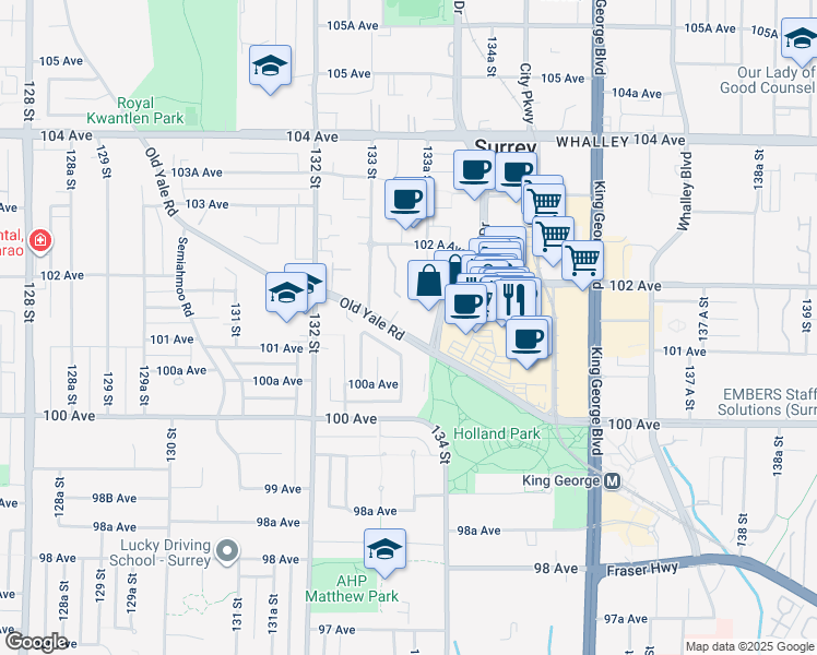 map of restaurants, bars, coffee shops, grocery stores, and more near 13387 Old Yale Road in Surrey