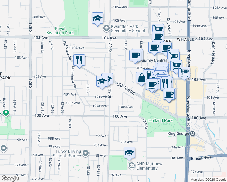 map of restaurants, bars, coffee shops, grocery stores, and more near 10128 132 Street in Surrey