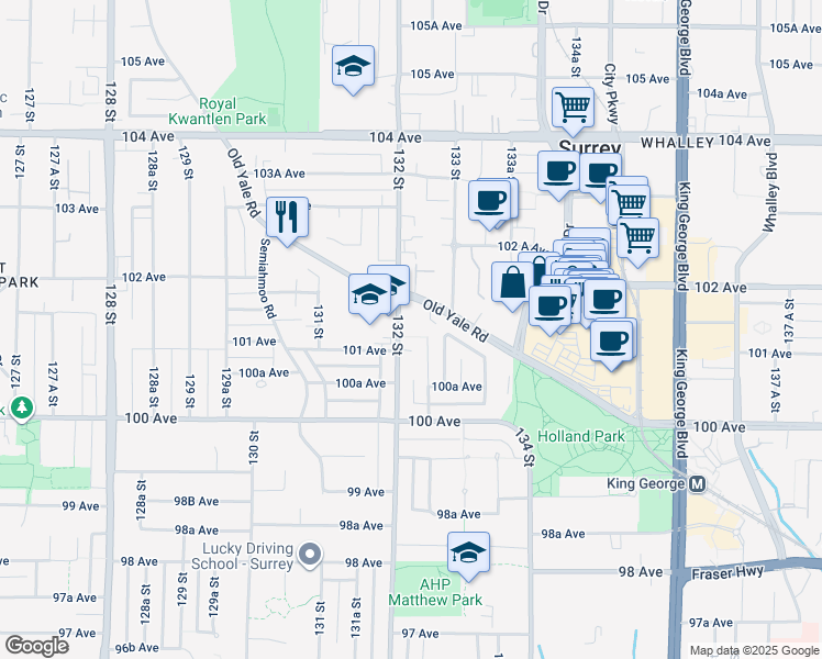 map of restaurants, bars, coffee shops, grocery stores, and more near 10128 132 Street in Surrey