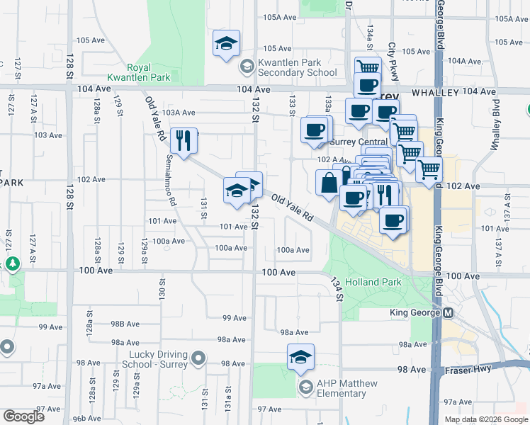 map of restaurants, bars, coffee shops, grocery stores, and more near 10128 132 Street in Surrey