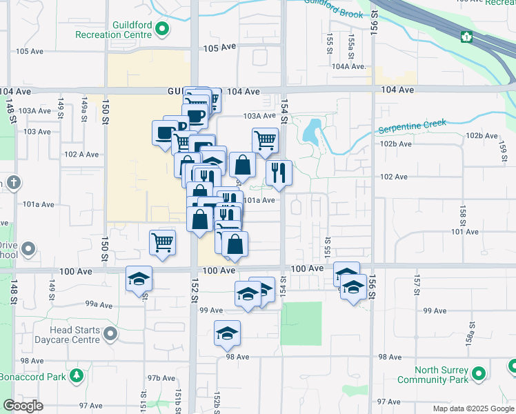 map of restaurants, bars, coffee shops, grocery stores, and more near in Surrey