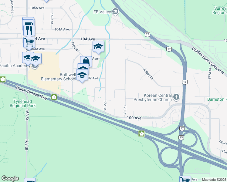 map of restaurants, bars, coffee shops, grocery stores, and more near 10141 172A Street in Surrey