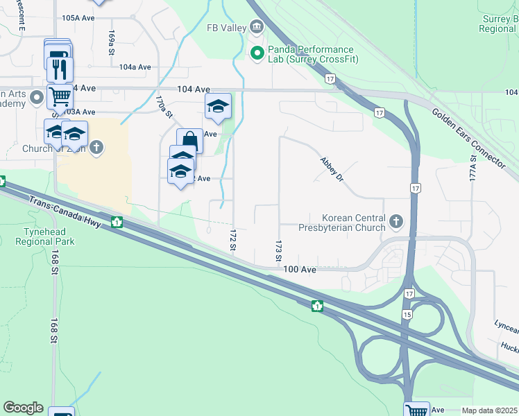 map of restaurants, bars, coffee shops, grocery stores, and more near 10138 172A Street in Surrey