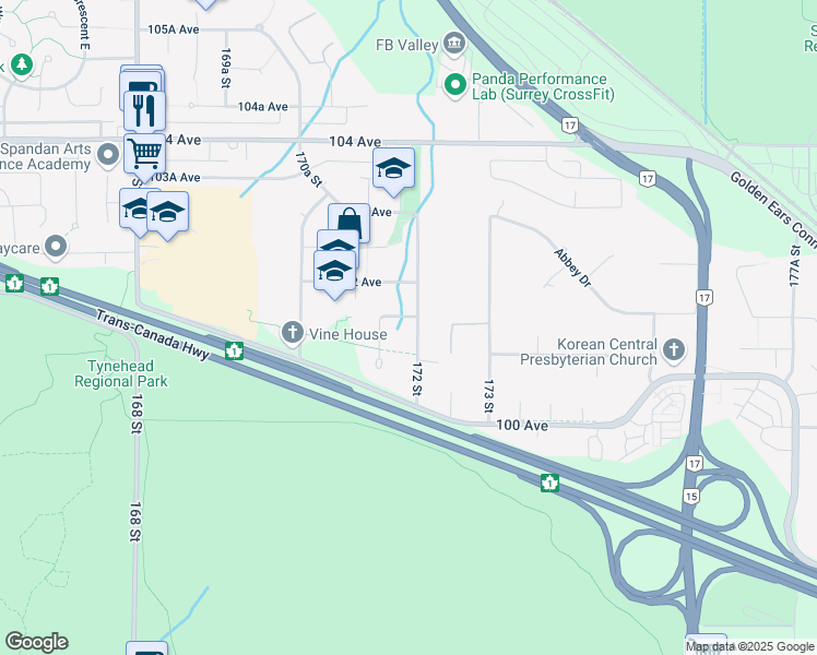 map of restaurants, bars, coffee shops, grocery stores, and more near 10141 172 Street in Surrey