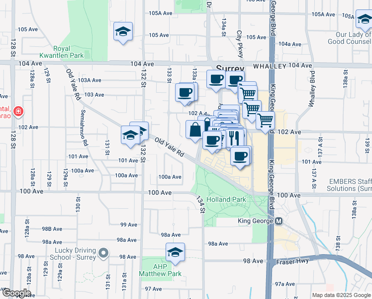 map of restaurants, bars, coffee shops, grocery stores, and more near in Surrey