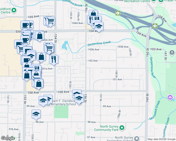 map of restaurants, bars, coffee shops, grocery stores, and more near 10132 156 Street in Surrey