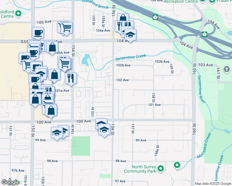 map of restaurants, bars, coffee shops, grocery stores, and more near 10132 156 Street in Surrey
