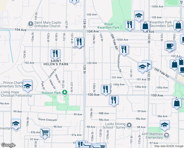 map of restaurants, bars, coffee shops, grocery stores, and more near 10131 128A Street in Surrey