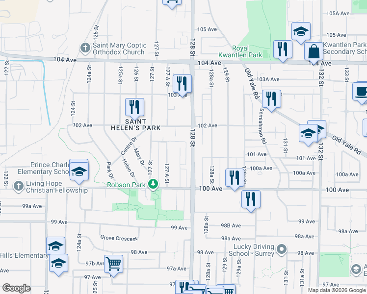 map of restaurants, bars, coffee shops, grocery stores, and more near 10122 127B Street in Surrey