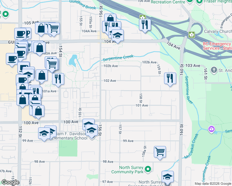 map of restaurants, bars, coffee shops, grocery stores, and more near 15674 101A Avenue in Surrey