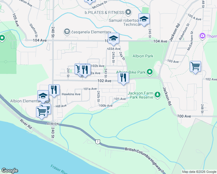 map of restaurants, bars, coffee shops, grocery stores, and more near 320 101A Avenue in Maple Ridge